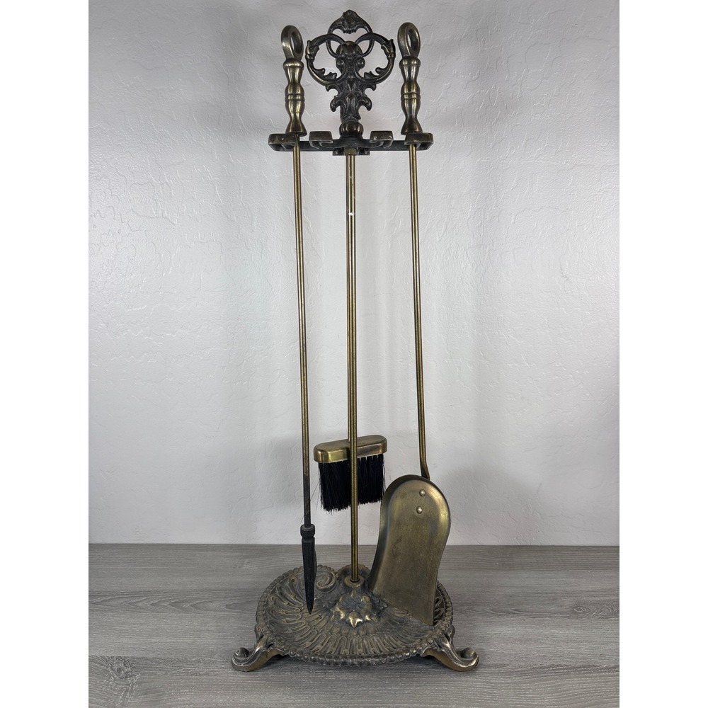 Vintage Brass Cast Iron Fireplace Tool Set Ornate Victorian Hearth 4 Piece‎ Set